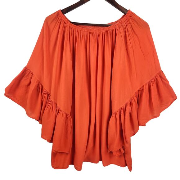 Elan Boho Mini Dress women’s One Size Off Shoulder Rust W/Ruffle Bell Sleevew - Picture 1 of 11